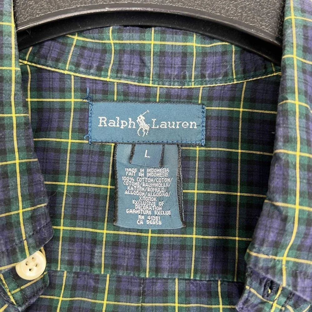 Ralph Lauren Button Down Shirt Youth Large Plaid Green Navy Blue Long Sleeve L